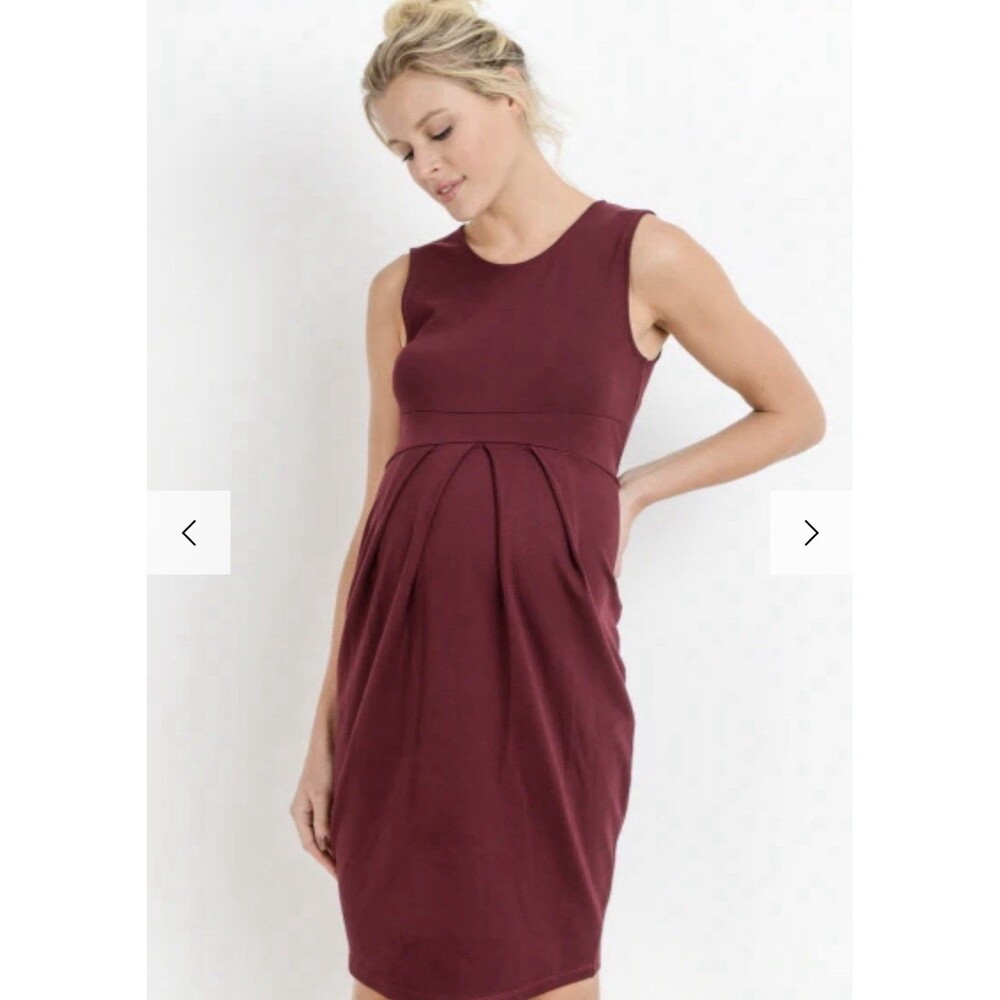 Hello Miz Front Pleated Maternity Sleeveless Dress Small Burgundy New With Tags
